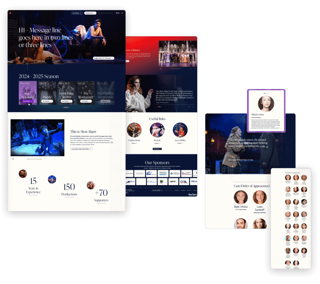 Slow Burn Theatre Co. Website design pages. 