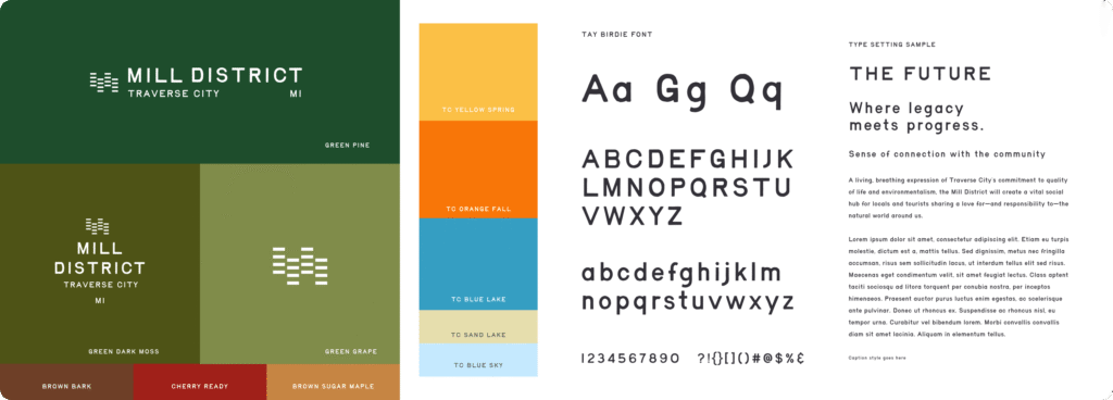 Mill District colors, type and logo layout