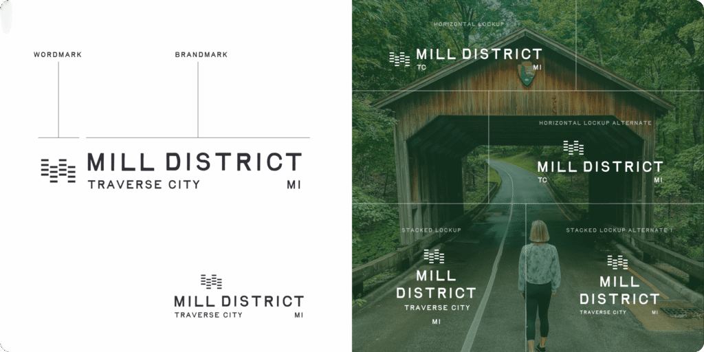 Mill District logo design and different breakpoints