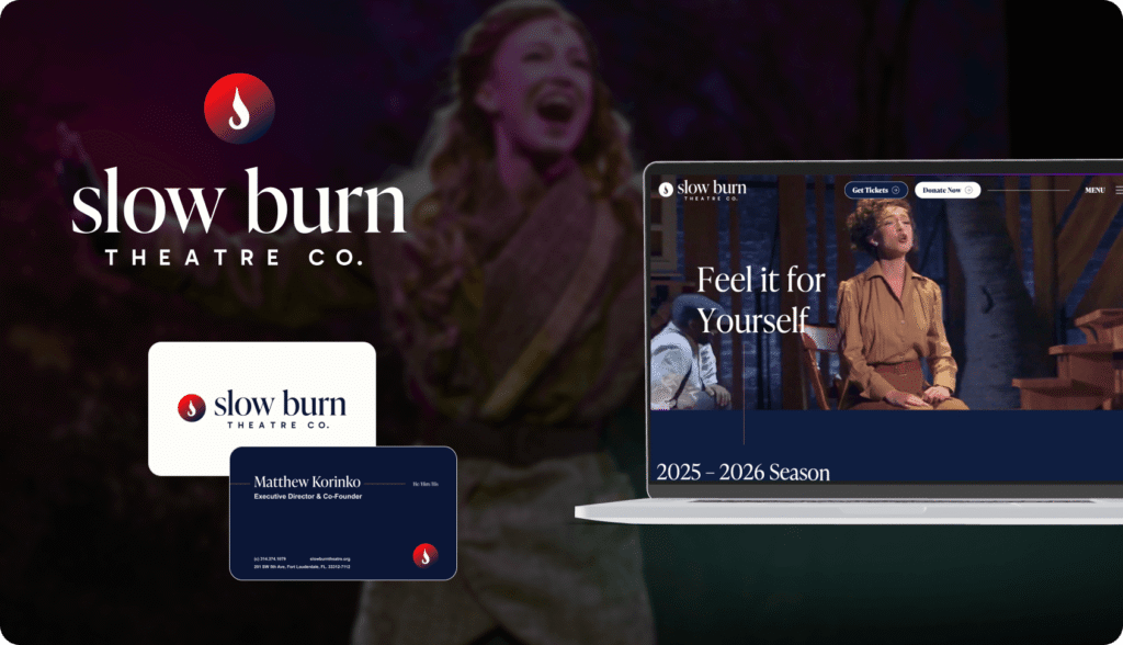 Slow Burn Theatre Co. Homepage Feel it for Yourself & business card designs